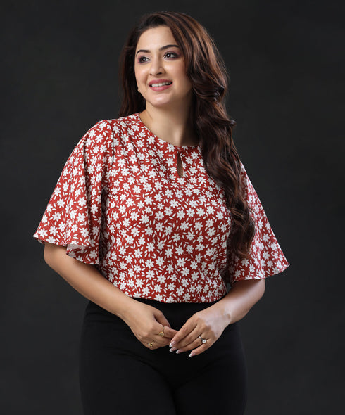 Flared Sleeve Front Detailed Printed Top